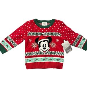 NEW! Disney Store Mickey Mouse Red Green Holiday Ugly Christmas Sweater 12/18M